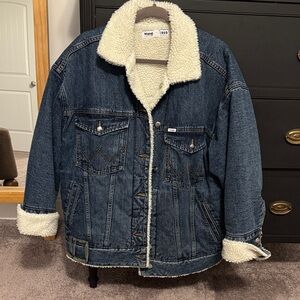 Staud / Wrangler Dark Blue Sherpa-Lined Jacket reversible EUC